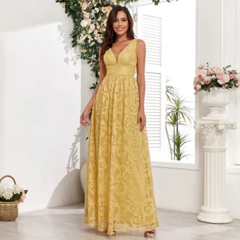 Chic Belle Jaune En Dentelle Fleur Robe De Bal 2025 Princesse V Cou Sans Manches Dos Nu Longue Promo Robe De Ceremonie