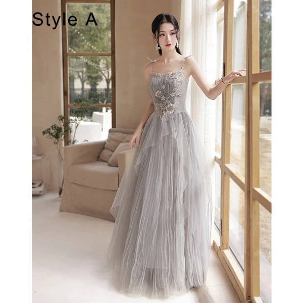 Modest / Simple Grey Lace Flower Bridesmaid Dresses 2022 A-Line / Princess Short Sleeve Backless Floor-Length / Long Wedding Party Dresses