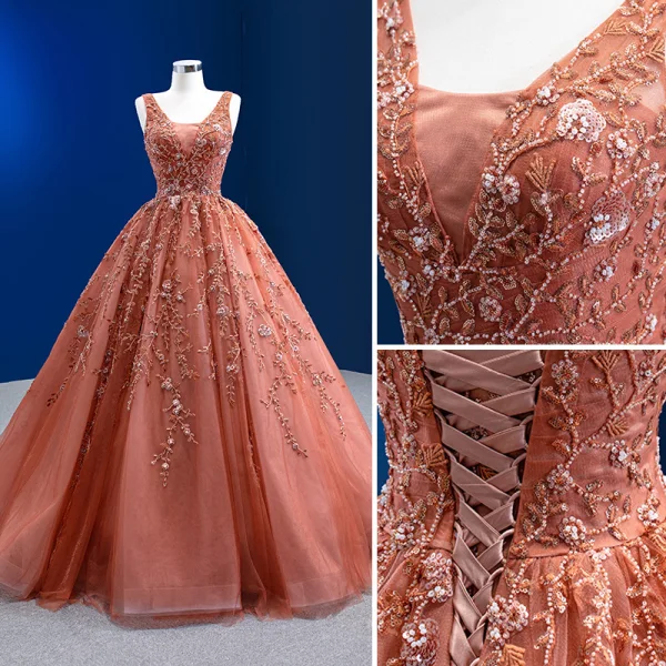 High End Orange Perlenstickerei Pailletten Ballkleider 2022 Ballkleid V-Ausschnitt Ärmellos Rückenfreies Sweep / Pinsel Zug Ball Festliche Kleider