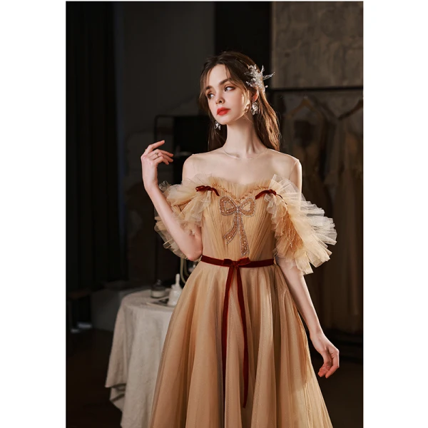 Fashion Champagne Prom Dresses 2022 A-Line / Princess Scoop Neck Ruffle Short Sleeve Beading Sequins Backless Sash Bow Floor-Length / Long Formal Dresses