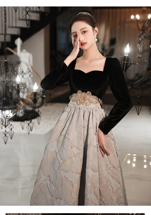 Chic / Beautiful Black Suede Prom Dresses 2022 A-Line / Princess Square Neckline Rhinestone Long Sleeve Floor-Length / Long Formal Dresses