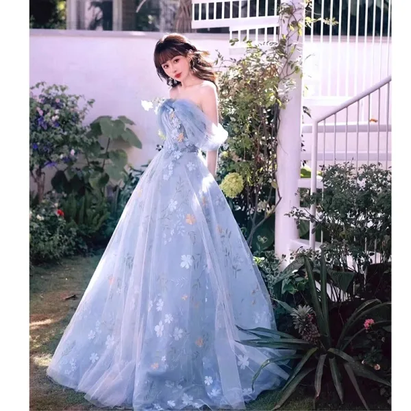 Flower Fairy Sky Blue Appliques Organza Prom Dresses 2023 A-Line / Princess Off-The-Shoulder Sleeveless Backless Floor-Length / Long Prom Formal Dresses