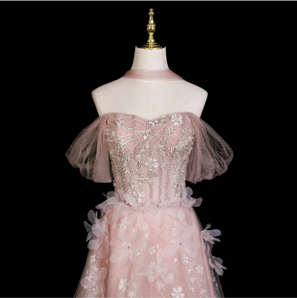 Wróżka Kwiatowa Rumieniąc Różowy Cekinami Rhinestone Perła Aplikacje Sukienki Na Bal 2025 Princessa Przy Ramieniu Kótkie Rękawy Bez Pleców Długie Sukienki Wizytowe