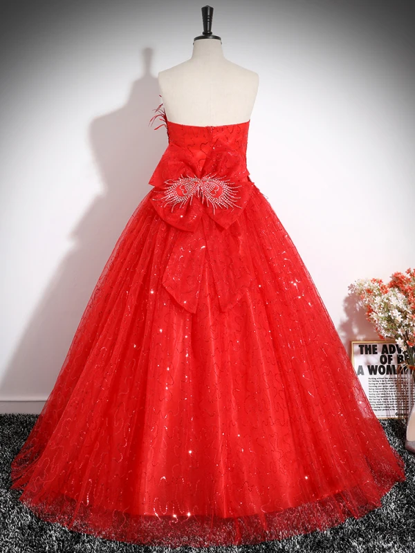 Schöne Rot Strass Pailletten Ballkleider 2024 Ballkleid Bandeau Ärmellos Rückenfreies Schleife Lange Ball Festliche Kleider