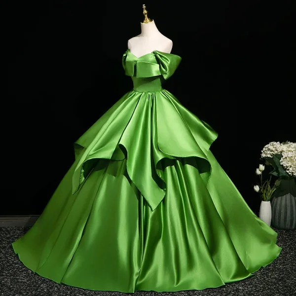 Elegant Green Prom Dresses Ball Gown 2025 Off-The-Shoulder Short Sleeve Backless Floor-Length / Long Formal Dresses