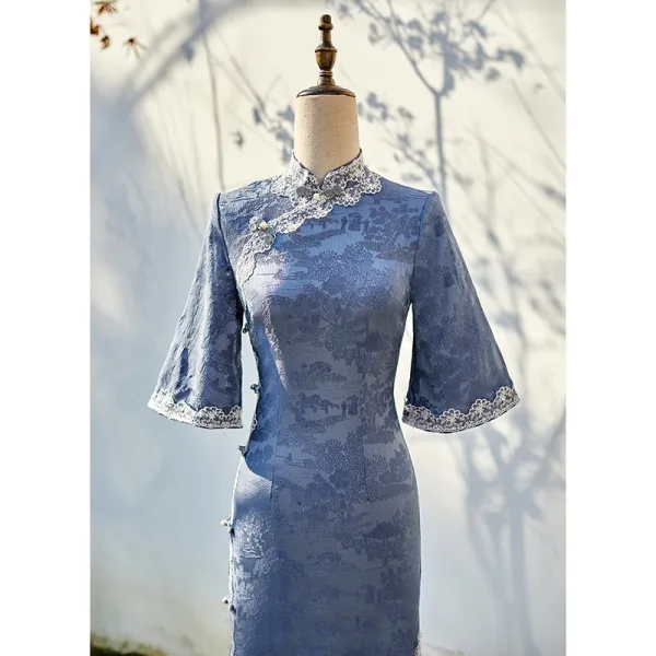 Vintage / Retro Chinese style Sky Blue Lace Flower Summer Street Wear Cheongsam 2024 Trumpet / Mermaid High Neck 1/2 Sleeves Tea-length