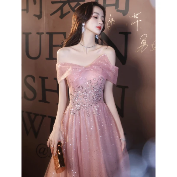 Charmant Rougissant Rose Perlage Étoile Paillettes Robe De Soirée 2023 Princesse De l'épaule Manches Courtes Dos Nu Longue Soirée Robe De Ceremonie