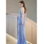 Sexy Bleu Ciel Paillettes Robe De Soirée 2023 Trompette / Sirène Bretelles Spaghetti Sans Manches Dos Nu Noeud Fendue devant Longue Soirée Robe De Ceremonie