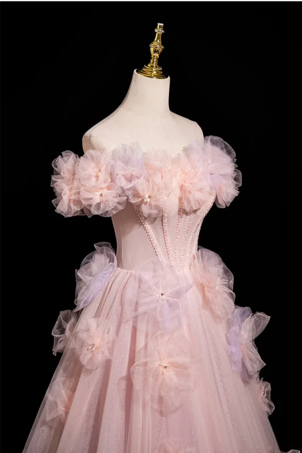 Chic / Beautiful Blushing Pink Appliques Pearl Prom Dresses 2025 A-Line / Princess Off-The-Shoulder Short Sleeve Backless Floor-Length / Long Prom Formal Dresses