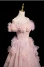 Chic / Beautiful Blushing Pink Appliques Pearl Prom Dresses 2025 A-Line / Princess Off-The-Shoulder Short Sleeve Backless Floor-Length / Long Prom Formal Dresses