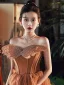 Charmant Orange Fallende Rüsche Pailletten Abendkleider 2022 A Linie Bandeau Strass Schmetterling Ärmellos Rückenfreies Lange Abend Festliche Kleider