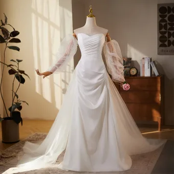 Chic Beautiful White Satin Light Wedding Dresses 2025 Trumpet Mermaid Strapless Sleeveless Backless Sweep Train Wedding