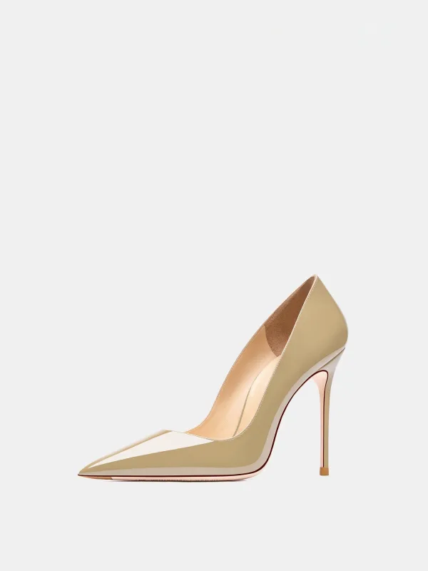 Schöne Khaki Büro OL Lackleder Spitzschuh Pumps 2026 Leder 10 cm Stilettos Hochhackige