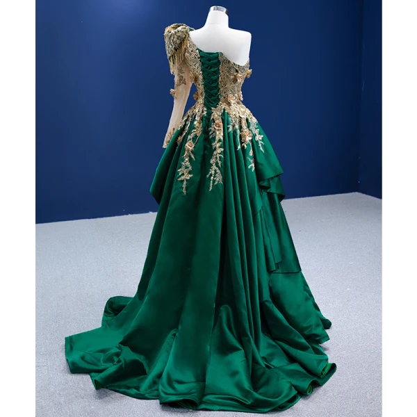High-end Dark Green Beading Pearl Sequins Lace Flower Prom Dresses 2022 A-Line / Princess Satin One-Shoulder Long Sleeve Backless Sweep Train Prom