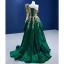 High-end Dark Green Beading Pearl Sequins Lace Flower Prom Dresses 2022 A-Line / Princess Satin One-Shoulder Long Sleeve Backless Sweep Train Prom