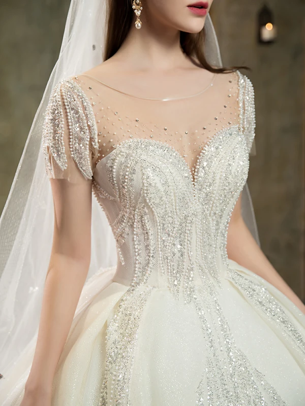 High-end Ivory Beading Pearl Rhinestone Sequins Wedding Dresses 2022 Ball Gown Scoop Neck Short Sleeve Backless Royal Train Wedding