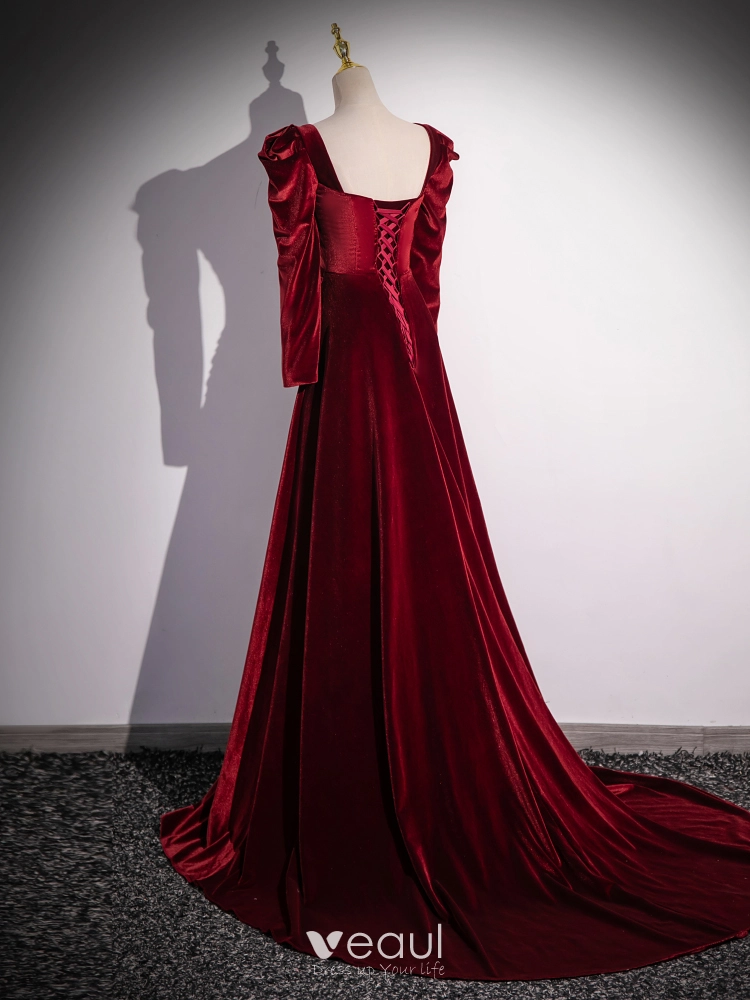 Elegant Burgundy Velvet Prom Dresses 2024 A-Line / Princess Square Neckline  Long Sleeve Backless Sweep Train
