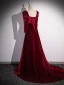 Elegant Burgundy Velvet Prom Dresses 2024 A-Line / Princess Square Neckline Long Sleeve Backless Sweep Train Prom Formal Dresses