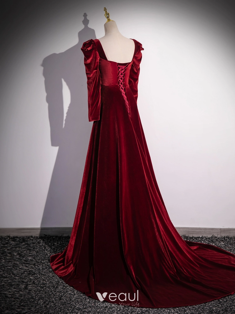 Velvet Square Burgundy Long Sleeve Prom Dress Velvet Square Burgundy Long Sleeve Prom Dress