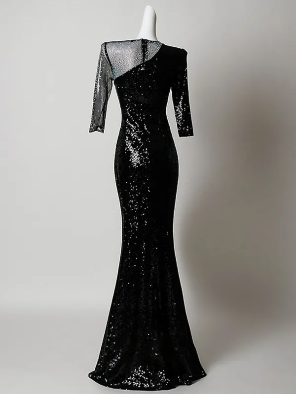 Sparkly Black Sequins Rhinestone Evening Dresses 2026 Trumpet / Mermaid Scoop Neck 3/4 Sleeve Floor-Length / Long Formal Dresses