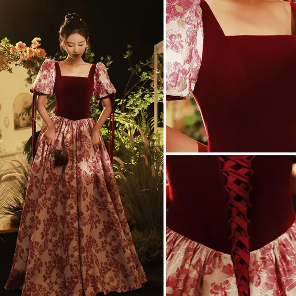 Fine Burgunder Printing Selskapskjoler 2022 Prinsesse Suede Firkantet Hals Puffy Korte Ermer Ryggløse Lange Polyester Aften Formelle Kjoler