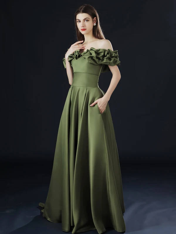 Vintage / Originale Olive Verte De l'épaule Robe De Bal 2021 Princesse Bretelles croisées Volants Manches Courtes Couleur Unie Satin Train De Balayage Robe De Soirée