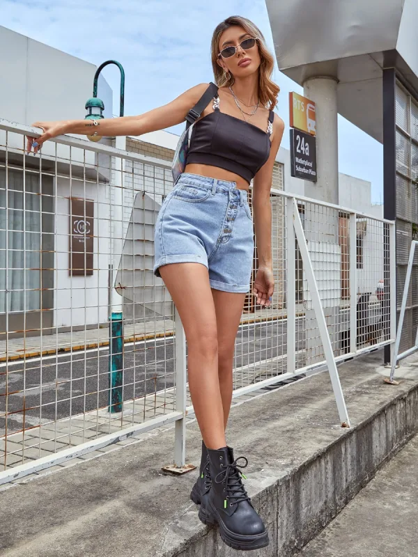 Fashion Women Street Wear Sky Blue Straight Jeans Shorts 2021 Buttons Denim Summer Bottoms