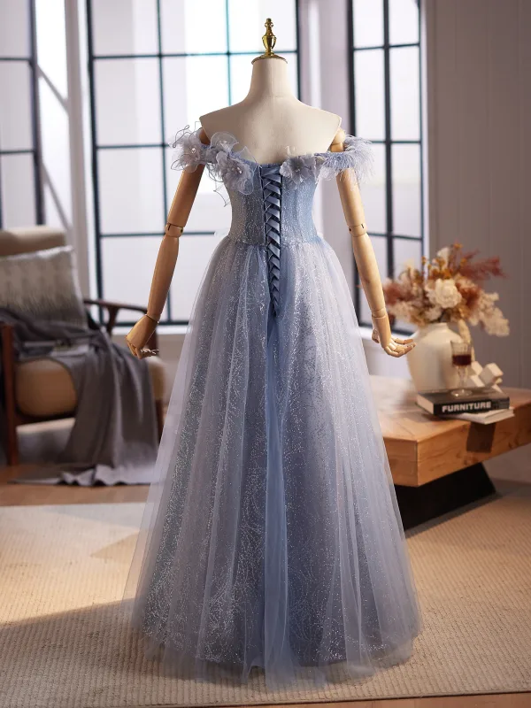 Chic / Beautiful Sky Blue Beading Tassel Appliques Sequins Prom Dresses 2025 A-Line / Princess Off-The-Shoulder Short Sleeve Backless Floor-Length / Long Formal Dresses