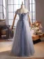 Chic / Beautiful Sky Blue Beading Tassel Appliques Sequins Prom Dresses 2025 A-Line / Princess Off-The-Shoulder Short Sleeve Backless Floor-Length / Long Formal Dresses