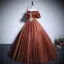 Vintage / Retro Brown Satin Prom Dresses 2023 Ball Gown Off-The-Shoulder Lace Flower Short Sleeve Sequins Backless Floor-Length / Long Prom Formal Dresses