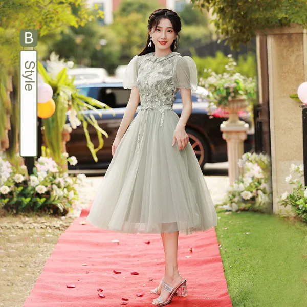 Chic / Beautiful Sage Green Lace Flower Bridesmaid Dresses 2022 A-Line / Princess Short Sleeve Backless Tea-length Bridesmaid Dresses