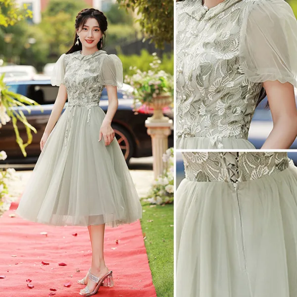 Chic / Beautiful Sage Green Lace Flower Bridesmaid Dresses 2022 A-Line / Princess Short Sleeve Backless Tea-length Bridesmaid Dresses