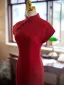 Vintage Chiński Styl Czerwone Lato Długość Herbaty Cheongsam 2024 Syrena / Rozkloszowane Wysokiej Szyi Kótkie Rękawy