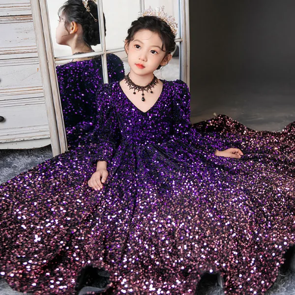 Sparkly Purple Sequins Birthday Flower Girl Dresses 2024 Ball Gown V-Neck Long Sleeve Floor-Length / Long