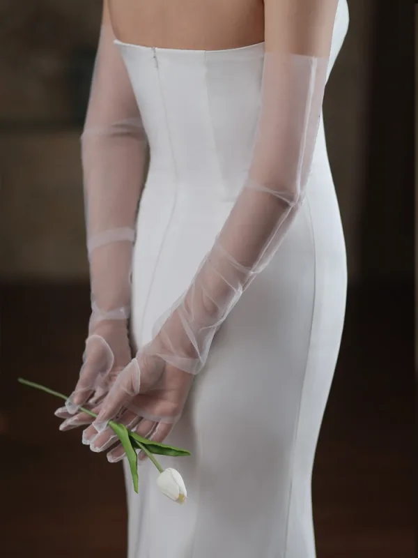 Élégant Blanche Fait main Faux Diamant Mariage Gants Mariage 2025 Tulle