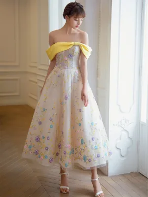 Blomsterfe Champagne Appliques Homecoming Graduation Kjoler Ballkjoler 2026 Prinsesse Av Skulderen Korte Ermer Ryggløse Sløyfe Te Lengde