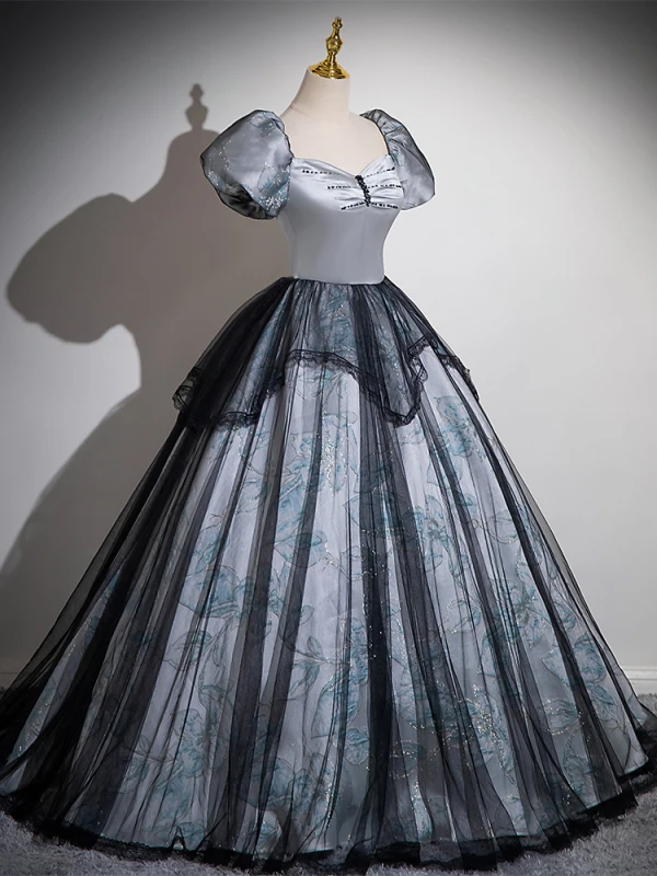 Vintage / Retro Grey Printing Prom Dresses 2024 Ball Gown Square Neckline Puffy Short Sleeve Backless Floor-Length / Long Prom Formal Dresses