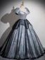 Vintage / Retro Grey Printing Prom Dresses 2024 Ball Gown Square Neckline Puffy Short Sleeve Backless Floor-Length / Long Prom Formal Dresses