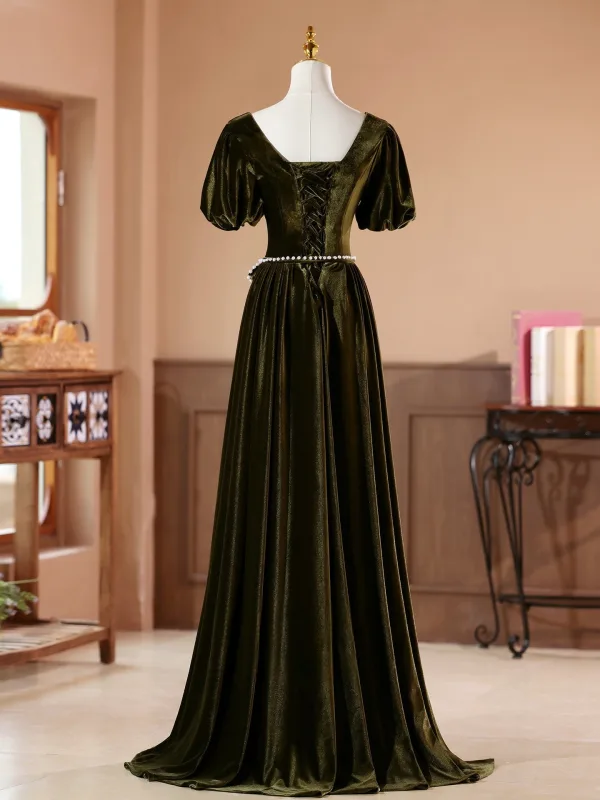 Vintage / Retro Army Green Pearl Sash Velvet Prom Dresses 2026 A-Line / Princess Square Neckline Short Sleeve Backless Floor-Length / Long Formal Dresses