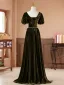 Vintage / Retro Army Green Pearl Sash Velvet Prom Dresses 2026 A-Line / Princess Square Neckline Short Sleeve Backless Floor-Length / Long Formal Dresses