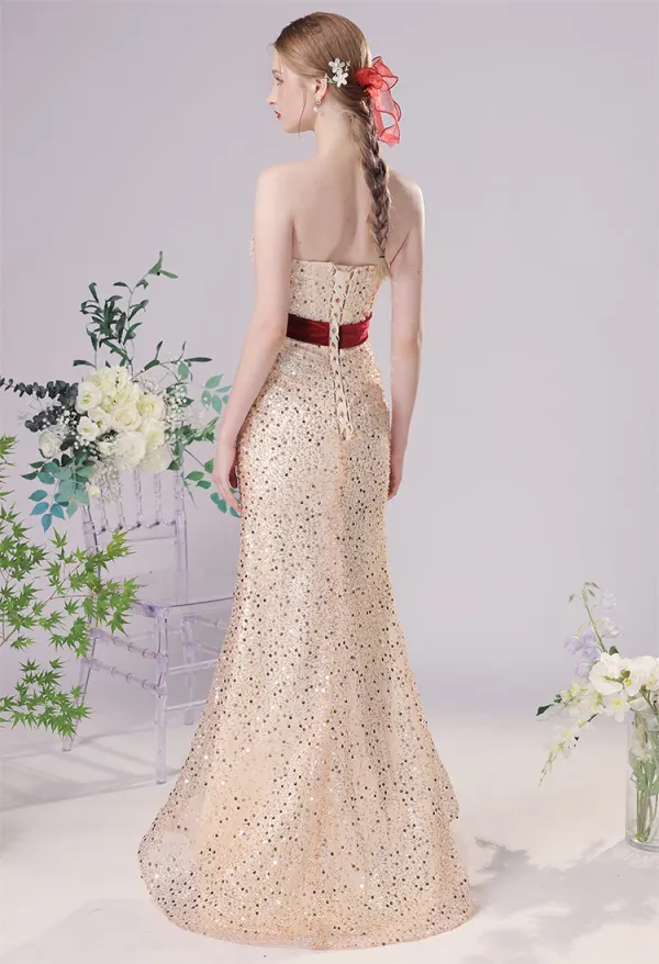 Sexy Champagne Sequins Evening Dresses 2023 Trumpet / Mermaid Strapless Bow Sleeveless Backless Floor-Length / Long Evening Party Formal Dresses