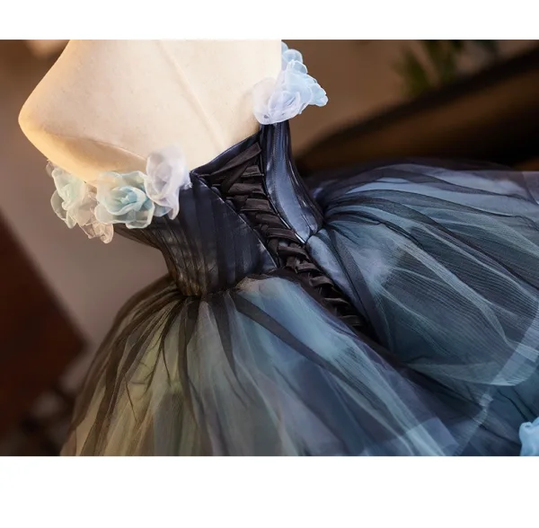 Demure Ocean Blue Quinceañera Appliques Prom Dresses 2025 Ball Gown Strapless Sleeveless Backless Tea-length Prom Formal Dresses