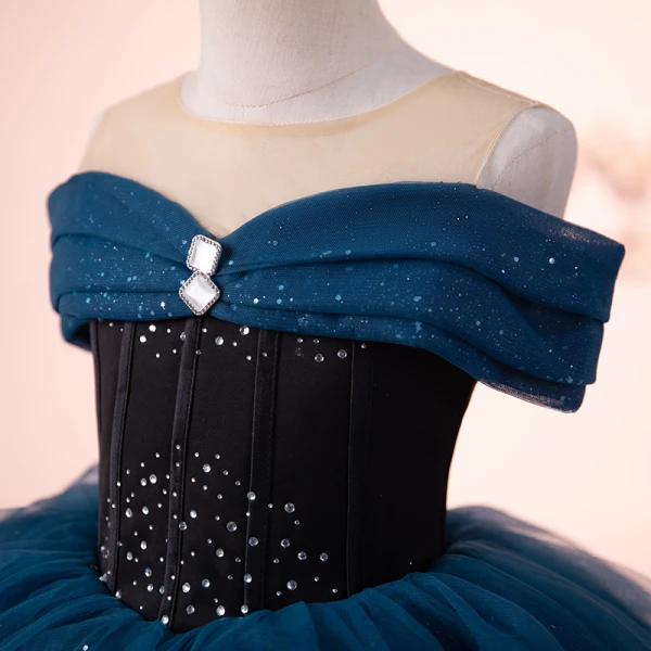 Elegant Navy Blue Sequins Rhinestone Birthday Flower Girl Dresses 2023 Ball Gown Scoop Neck Sleeveless Backless Floor-Length / Long