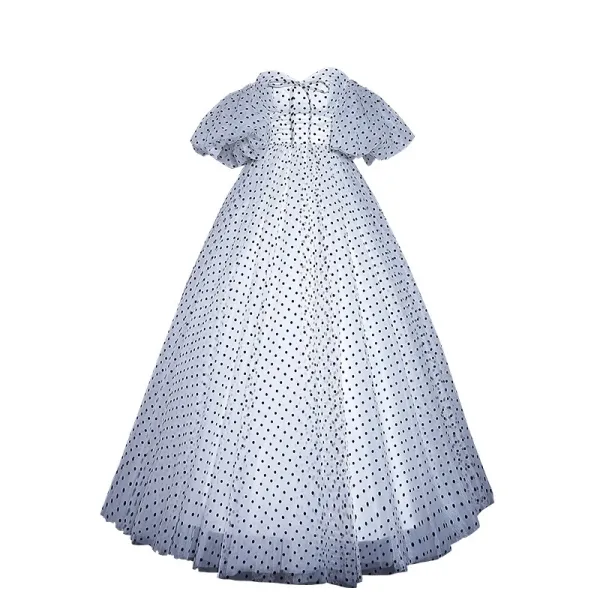 Fashion White Spotted Prom Dresses 2023 A-Line / Princess Off-The-Shoulder Short Sleeve Backless Floor-Length / Long Prom Formal Dresses