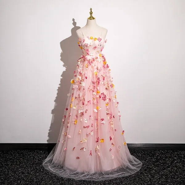Flower Fairy Blushing Pink Appliques Prom Dresses 2025 Spaghetti Straps Sleeveless Backless Floor-Length / Long Tulle Prom Formal Dresses Flower Fairy Blushing Pink Appliques Prom Dresses 2025 Spaghetti Straps Sleeveless Backless Floor-Length / Long Tulle Prom Formal Dresses