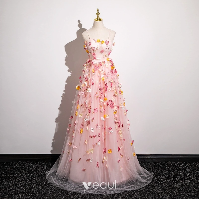 Appliques Straps Long Pink Tulle Flowers Prom Dress Appliques Straps Long Pink Tulle Flowers Prom Dress