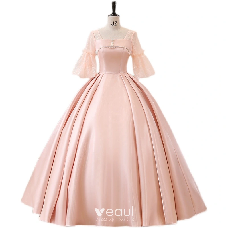 Elegant Candy Pink Satin Prom Dresses 2022 Ball Gown Square Neckline ...