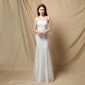 Sparkly White Sequins Evening Dresses 2024 Trumpet Mermaid Spaghetti Straps Sleeveless Backless Floor Length Long Evening Party Formal Dresses