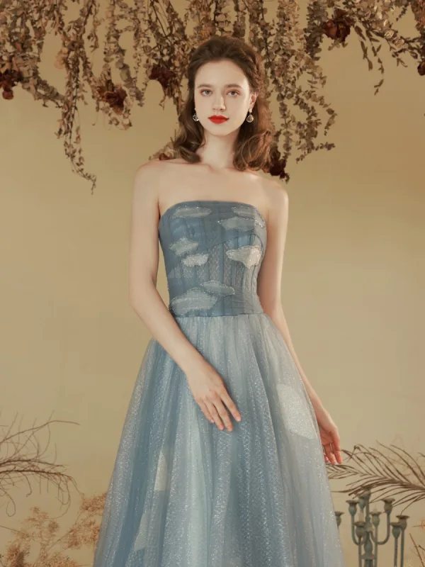 Chic / Beautiful Sky Blue Glitter Beading Sequins Pearl Prom Dresses 2023 A-Line / Princess Off-The-Shoulder Short Sleeve Backless Floor-Length / Long Prom Formal Dresses