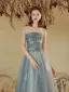 Chic / Beautiful Sky Blue Glitter Beading Sequins Pearl Prom Dresses 2023 A-Line / Princess Off-The-Shoulder Short Sleeve Backless Floor-Length / Long Prom Formal Dresses